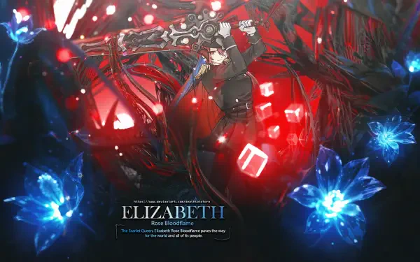 HD PC desktop wallpaper of Elizabeth Rose Bloodflame: dark red and black scene with glowing red runes, blue crystalline flowers, and a silhouetted central figure with the title.