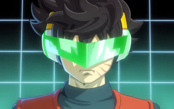 Dragon Ball Xenoverse 3 character wearing a glowing green visor, red jacket and black turtleneck, with facial markings against a neon grid — 2K Quad HD PC desktop wallpaper.