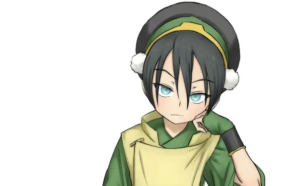 4K Ultra HD PC wallpaper — white-background anime portrait of Toph Beifong from Avatar: The Last Airbender, in green outfit and headband, thoughtful expression.