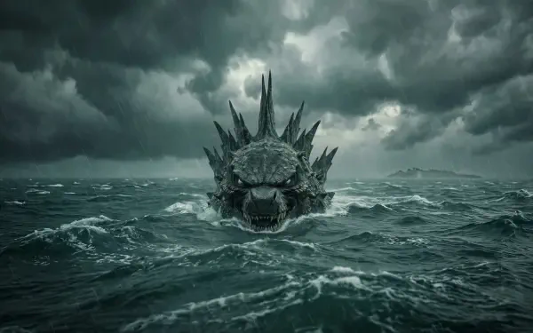 HD PC desktop wallpaper/background: movie-style Godzilla breaking the surface of a rain-swept, stormy ocean, churning water and dark clouds hinting at underwater menace.