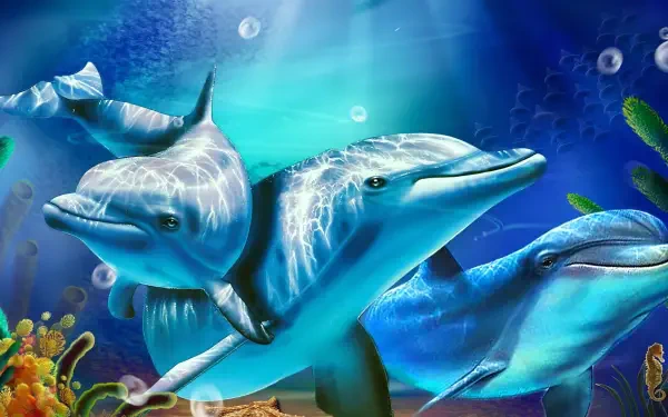 HD PC desktop wallpaper background: three porpoises swimming through a vibrant blue underwater scene with coral, bubbles, and sunlit water.