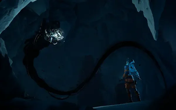 HD PC desktop wallpaper from video game Aphelion: lone armored figure in a blue cloak stands on an icy cavern ledge facing a towering shadowy tentacled creature with a glowing crystalline head.