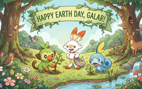 2K Quad HD PC wallpaper: Grookey, Scorbunny, and Sobble celebrate Earth Day in Galar — Grookey plants a sapling, Scorbunny waters it, and Sobble watches by a forest stream.