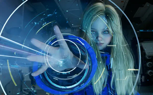 2K Quad HD PC wallpaper: Pragmata's Diana reaches through glowing blue holographic rings and HUD elements, blonde hair and intense gaze in a sci‑fi cockpit.