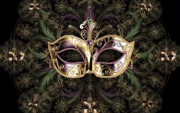 Ornate gold, purple and green Mardi Gras mask with feathered filigree on a dark kaleidoscopic backdrop — 4K Ultra HD PC desktop wallpaper and background.