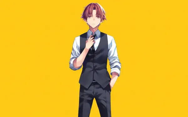 4K Ultra HD PC wallpaper: anime portrait of Kiyotaka Ayanokōji (Classroom of the Elite) in vest and tie against a bold yellow background.