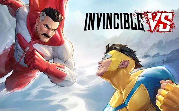 4K Ultra HD PC wallpaper for video game Invincible VS: Omni-Man and Mark Grayson (Invincible) clash mid-air beneath the game's logo.