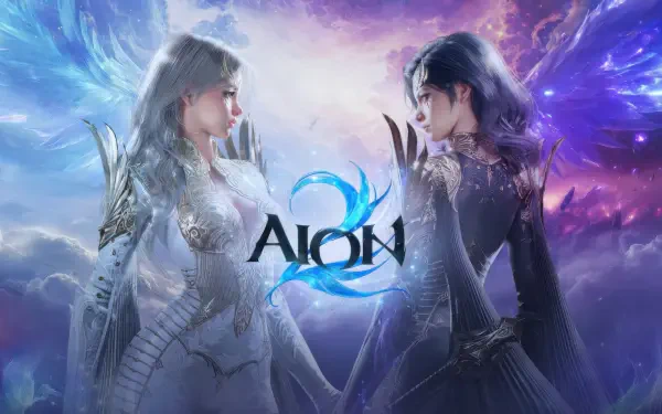 Aion 2 4K Ultra HD PC wallpaper: two video game girls face each other—one in white, one in dark armor—with ethereal wings and a glowing blue-purple cosmic backdrop and Aion 2 logo.