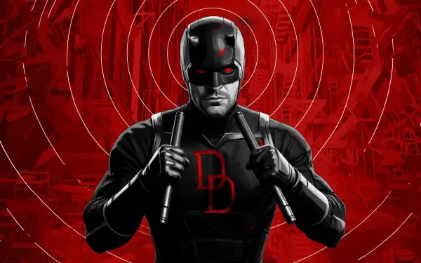 Daredevil: Born Again close-up in black suit with glowing red DD emblem and batons against concentric red sonar waves — 5K Ultra HD PC desktop wallpaper and background.