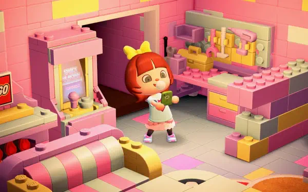 Animal Crossing: New Horizons 4K Ultra HD PC desktop wallpaper — pastel LEGO-style room with a smiling villager holding a cup amid pink and yellow block furniture.