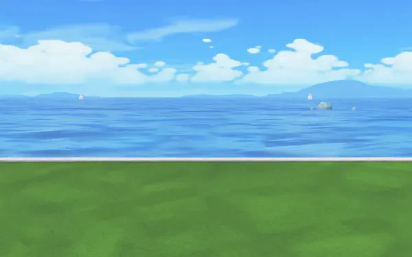 Tomodachi Life, Tomodachi Life: Living the Dream HD PC desktop wallpaper — serene seaside horizon with calm blue ocean, distant islands, fluffy clouds and a green grassy foreground.