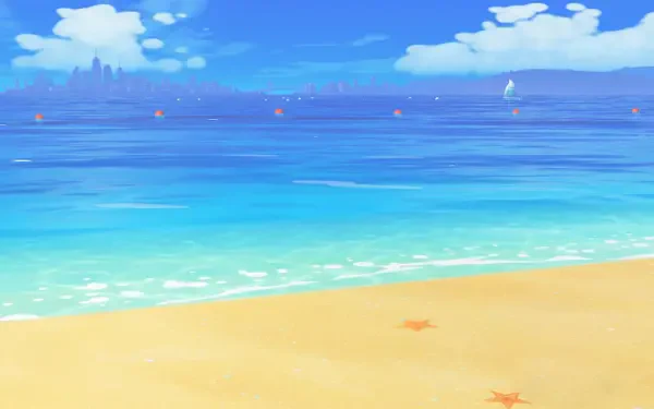 Tomodachi Life: Living the Dream HD PC wallpaper — serene beach with golden sand, starfish, turquoise sea, distant sailboats and a bright blue sky.