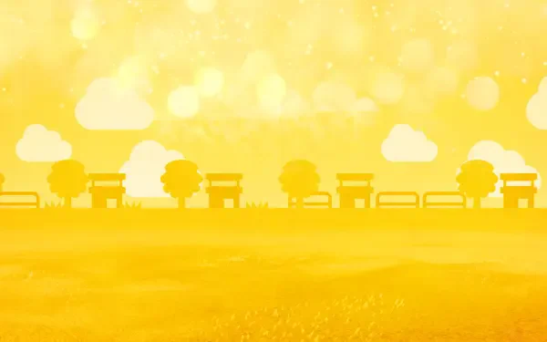 Tomodachi Life: Living the Dream HD PC desktop wallpaper - warm golden scene of silhouettes: park benches, trees and clouds over a sunlit grassy field with soft bokeh.