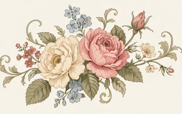 Vintage floral 4K Ultra HD PC desktop wallpaper: hand-drawn roses, buds and forget-me-nots in soft pink, cream and blue on a light cream background.