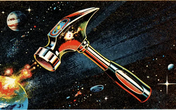 4K Ultra HD PC desktop wallpaper: stylized chrome hammer floating in a retro cosmic scene of planets, stars and colorful nebula.
