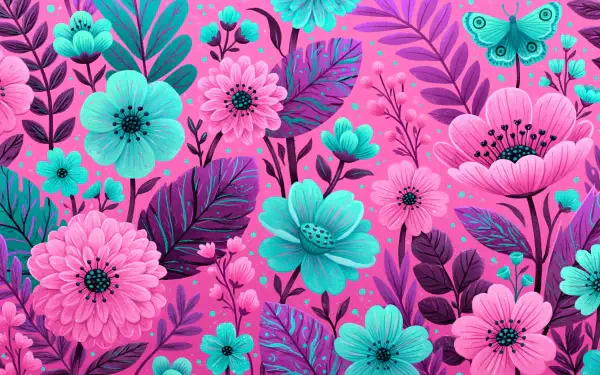 Floral 2K Quad HD PC desktop wallpaper and background: vivid pink and teal blossoms, leafy stems and a small butterfly on a magenta field.