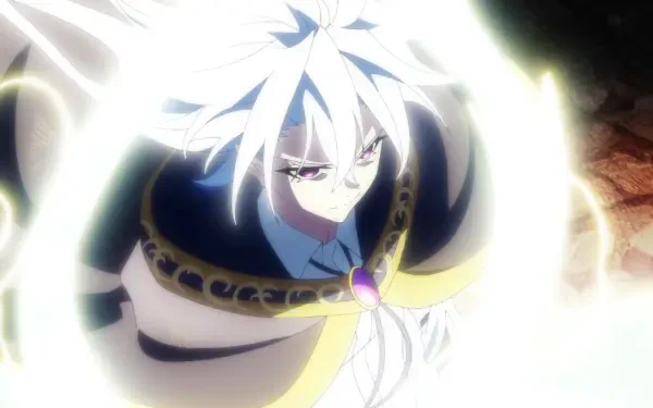 Anime HD PC desktop wallpaper/background of Will Serfort (Wistoria: Wand and Sword) — white-haired mage encased in radiant light, intense gaze, ornate cloak with a jewel.