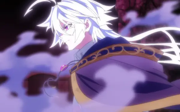 Anime HD PC desktop wallpaper of Will Serfort from Wistoria: Wand and Sword — white-haired sorcerer in a cloak, purple mist swirling around him, profile view.