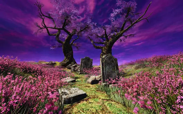 Dreamcore PS2-style 5K Ultra HD desktop wallpaper: purple-pink sky over a field of pink flowers, twisted trees and weathered tombstones with a surreal video game aesthetic.
