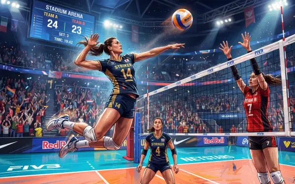 5K Ultra HD PC Desktop Wallpaper and Background: action volleyball scene in a packed arena — a spiker mid-air attacking over blockers, scoreboard 24–23, bright lights and roaring crowd.