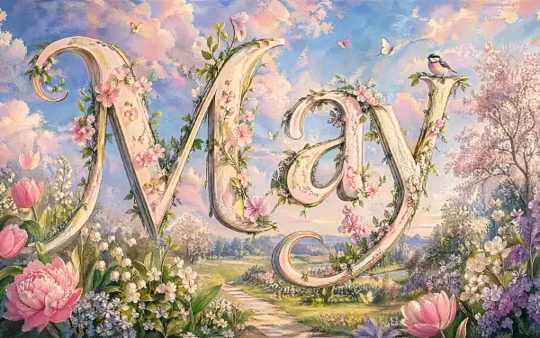 May-themed 4K Ultra HD PC desktop wallpaper and background: ornate floral letters spelling May in a pastel spring garden with blossoms, birds, butterflies and a winding path.