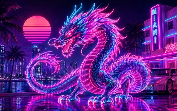 4K Ultra HD PC desktop wallpaper of a neon pink-and-blue dragon coiled on a reflective street beneath a retro Miami-style neon skyline.