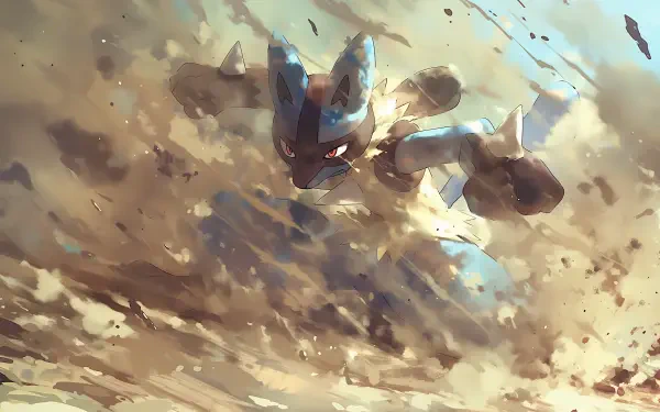 2K Quad HD PC desktop wallpaper of Lucario (Pokémon) in an anime battle, charging through dust and debris with a glowing aura — action-packed Pokémon background.