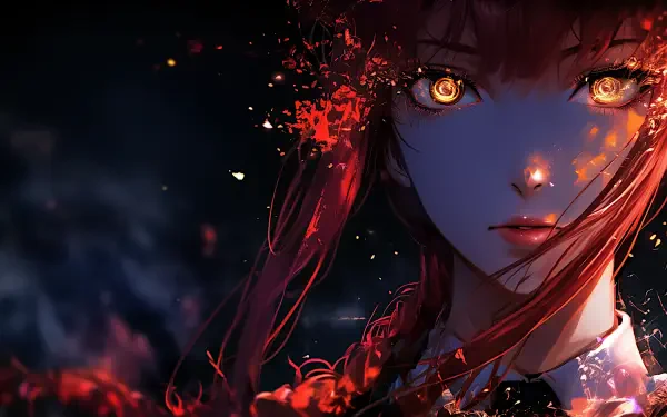 Chainsaw Man anime aesthetic 2K Quad HD PC wallpaper: close-up of a red-haired girl with glowing golden eyes, embers and red petals against a dark, moody background.