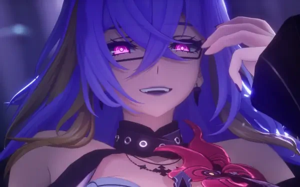 HD PC desktop wallpaper: purple-haired video game girl from Neverness to Everness, smirking with glowing magenta eyes, ornate choker and neon-lit backdrop.