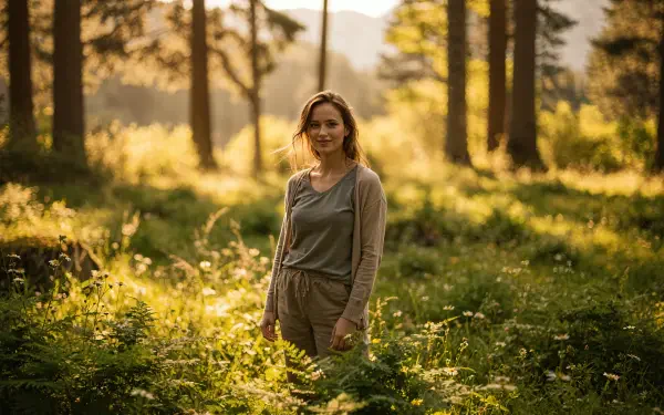 Mom standing in a sunlit forest clearing, soft golden light filtering through trees; serene portrait as a 4K Ultra HD PC desktop wallpaper and background.