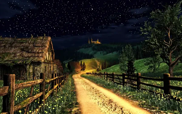 5K Ultra HD PC desktop wallpaper: PS2-core video game aesthetic of a starry night sky over green hills, a dirt road and cottages leading to a distant medieval castle.