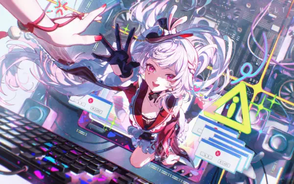 Sparxie (Honkai: Star Rail) floats toward the viewer over a glowing keyboard with neon UI elements — vibrant Honkai: Star Rail video game 2K Quad HD PC desktop wallpaper.
