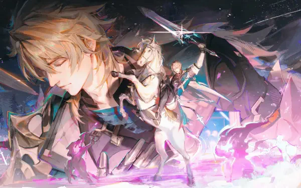 4K Ultra HD PC wallpaper of Varka (Genshin Impact) from the video game: a dreamlike cavalry scene of armored riders and charging horses bathed in purple-blue light.