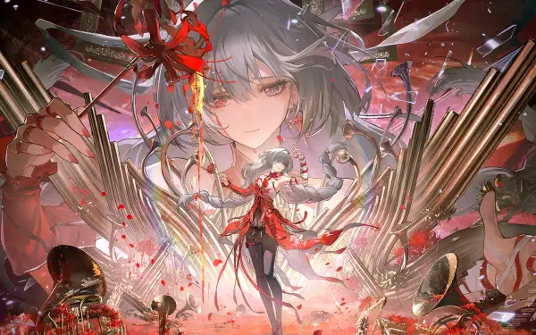 4K Ultra HD PC wallpaper of Phrolova (Wuthering Waves) — video game art: anime girl in a red coat before a colossal spectral portrait, ornate metallic wings and swirling rose petals.