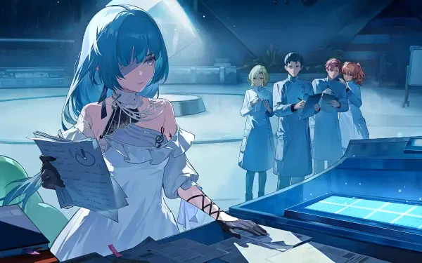 2K Quad HD PC wallpaper — video game Wuthering Waves: Phrolova (Wuthering Waves) as a doctor studies charts in a cool futuristic lab while colleagues consult displays.