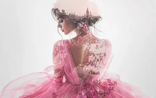 Double-exposure portrait of a woman in a flowing pink dress with cherry-blossom details and a faint city skyline, 4K Ultra HD PC desktop wallpaper.