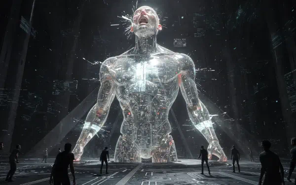 4K Ultra HD sci‑fi PC desktop wallpaper/background: a towering translucent robot screaming in a vast dark chamber, tiny silhouetted figures and floating holographic data surrounding it.