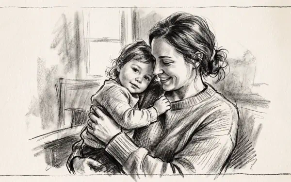 Pencil sketch 5K Ultra HD PC desktop wallpaper of a parent warmly embracing a young child by a window.