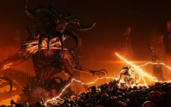 Diablo IV: Lord of Hatred — Blizzard Entertainment 5K UHD PC wallpaper of a towering demon facing a lone warrior in a fiery Light vs Dark clash, video game artwork.