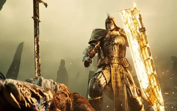 5K Ultra HD video game wallpaper: Diablo IV Lord of Hatred paladin (Warrior of Light) by Blizzard Entertainment — armored hero with a blazing shield atop a ruined battlefield.