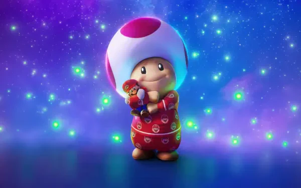 4K Ultra HD PC wallpaper: Toad-like mushroom character cradles a tiny Mario figurine against a starry Super Mario Galaxy Movie cosmic backdrop.