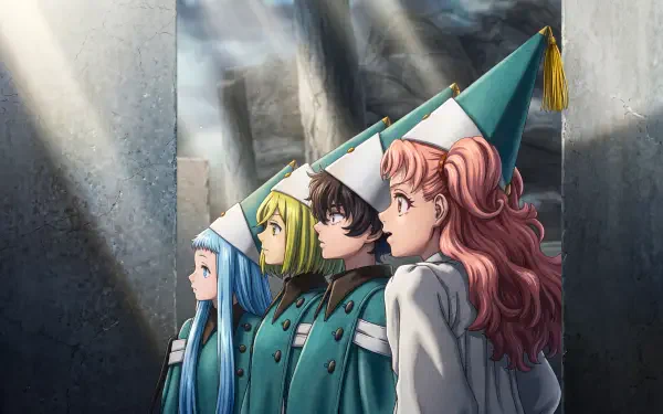 5K Ultra HD Witch Hat Atelier anime wallpaper: Coco and Agott Arklaum with two apprentices in teal cloaks and a tall pointed hat, bathed in shafts of light inside a stone hall.