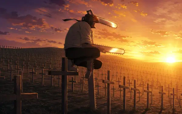 Chainsaw Man's Denji perches on a cross amid an anime graveyard of crosses at sunset, chainsaws ignited — 5K Ultra HD PC desktop wallpaper/background.