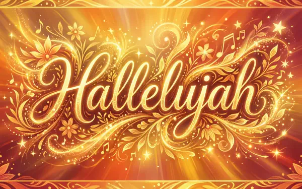 Glowing golden script Hallelujah with ornate floral swirls and musical notes on a radiant orange background — 5K Ultra HD PC desktop wallpaper/background.