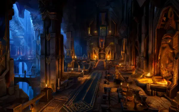 4K Ultra HD PC desktop wallpaper: a vast torchlit dwarven hall with towering stone pillars, carved statues, glowing forges, long banners and a distant icy cavern opening.