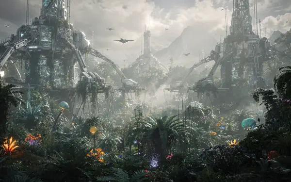 Sci-Fi 4K Ultra HD PC desktop wallpaper: misty overgrown alien city with towering ruined spires, dense bioluminescent jungle, mountains and low-flying craft.
