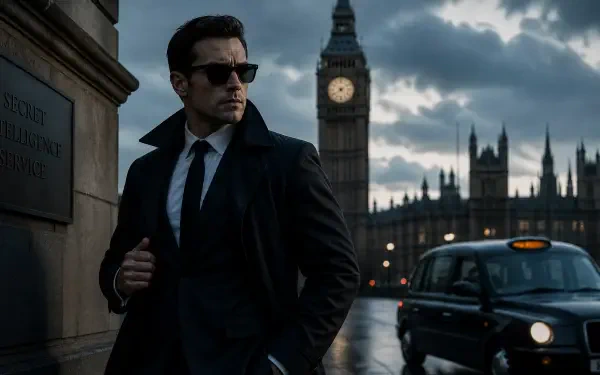 Secret agent in suit and sunglasses on a rain-slick London street by Big Ben and a black cab — 4K Ultra HD PC desktop wallpaper/background.