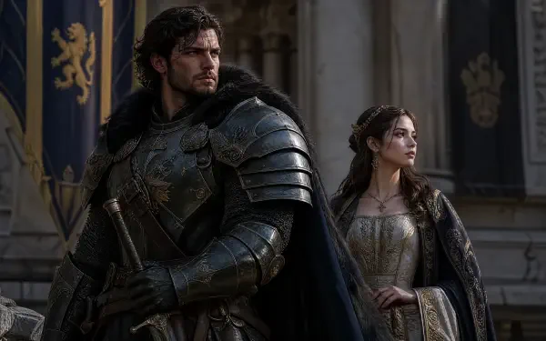 4K Ultra HD PC desktop wallpaper: a fantasy knight in dark armor serving as bodyguard beside a royal lady in an ornate gown beneath heraldic banners.