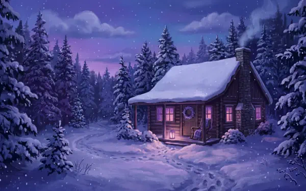 Cozy winter scene: snow-covered cabin with warm glowing windows in a pine forest under a purple twilight sky — 5K Ultra HD PC Desktop Wallpaper and Background.