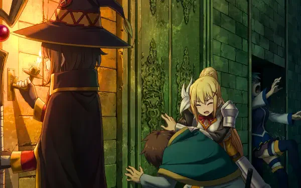5K Ultra HD PC wallpaper from KonoSuba — God’s blessing on this wonderful world!! depicting Megumin, Aqua and Kazuma in a comedic dungeon scene.